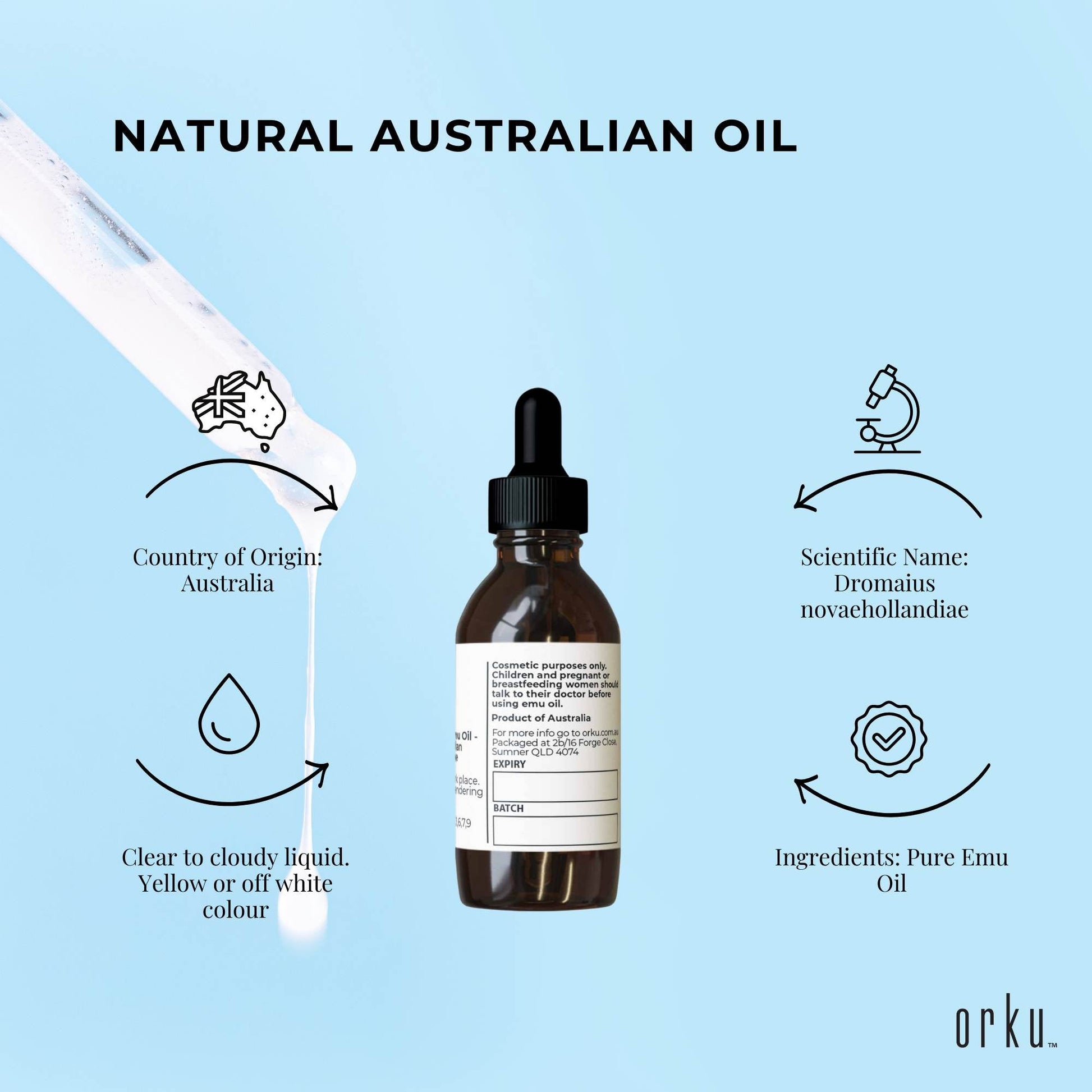 Orku 25ml Pure Emu Oil with Dropper - Undiluted Natural Dromaius Novaehollandiae-4