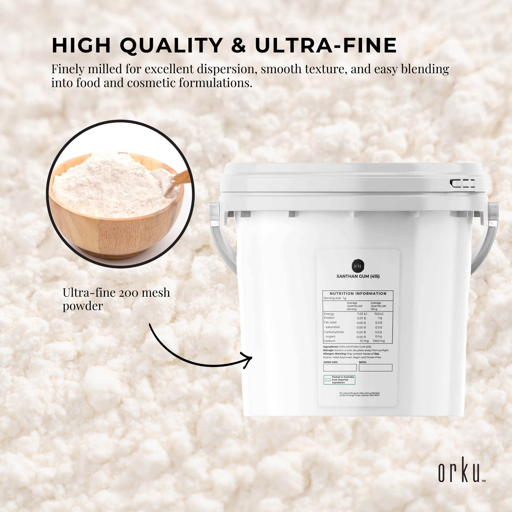 Orku 3Kg Xanthan Gum Thickener Pure Powder 200 Mesh FCC E415 Food Additive TUB-3