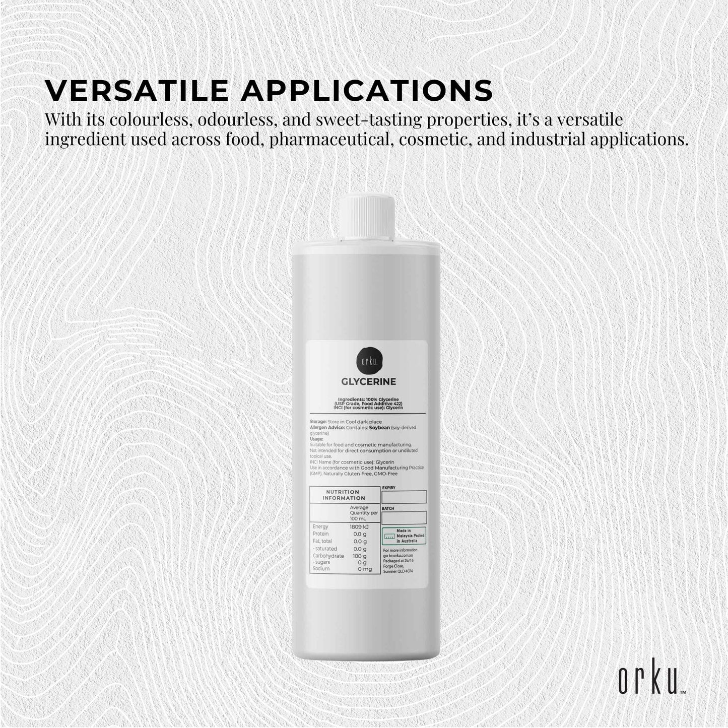 Orku 500ml Glycerine 99.9% Pure USP Food + Cosmetic Grade – Vegetable Glycerol-2