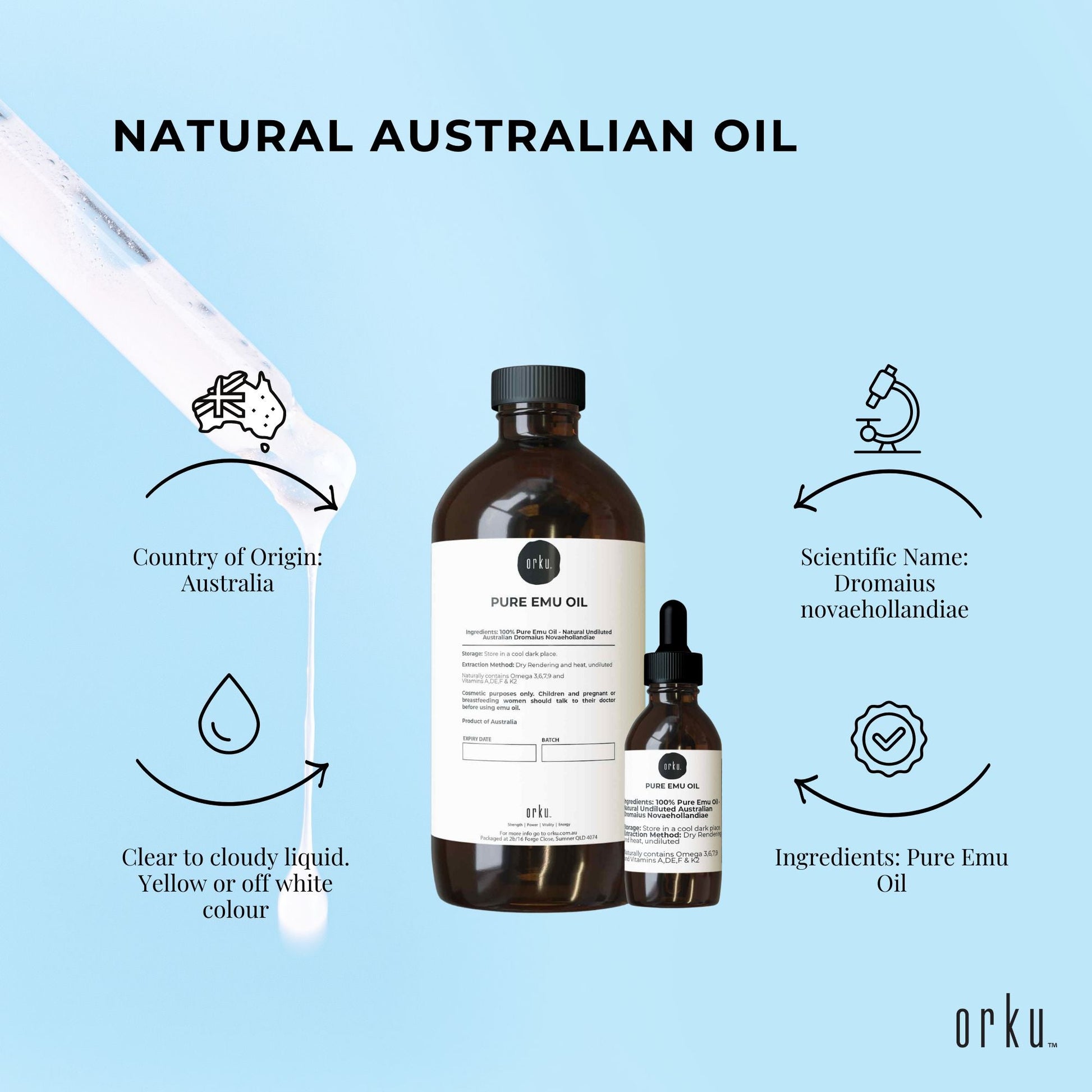 Orku 500ml Pure Emu Oil + Bonus 25ml Bottle - Australian Dromaius Novaehollandiae-3
