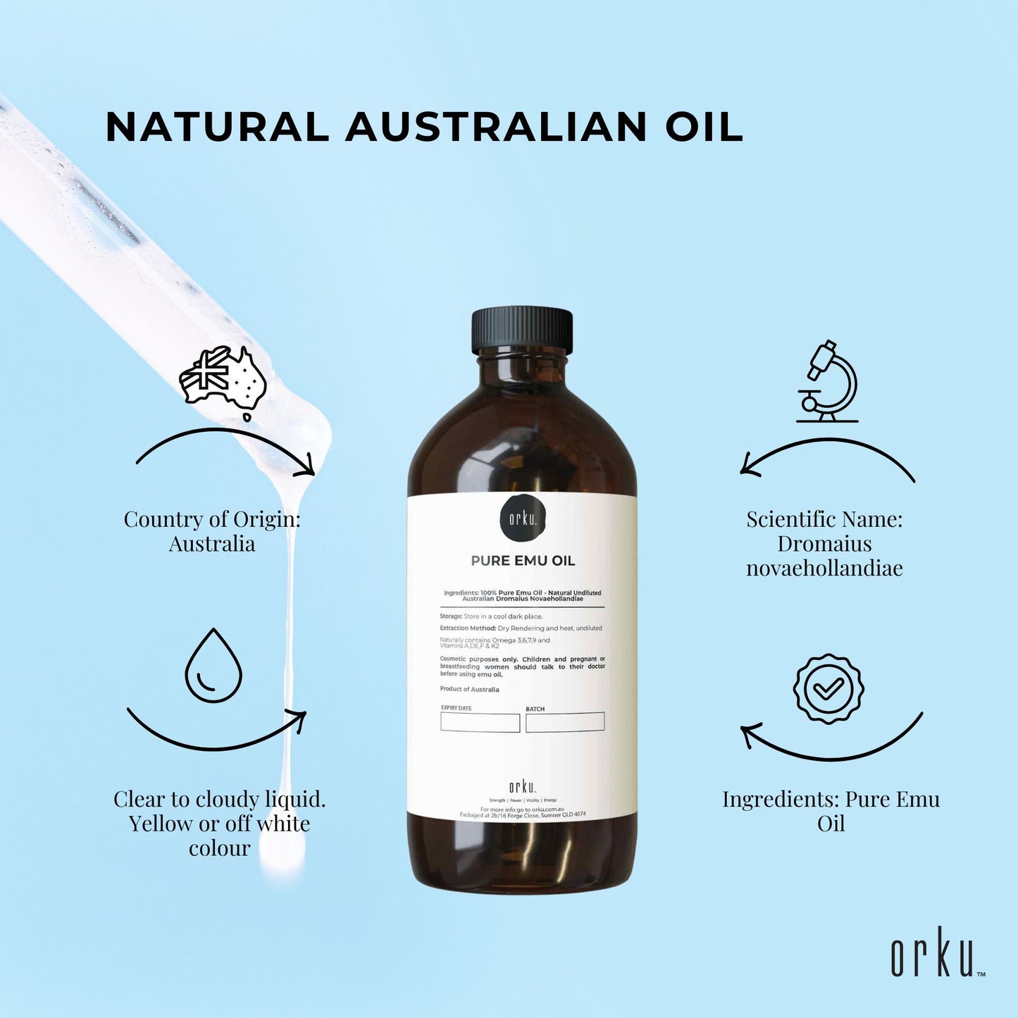 Orku 500ml Pure Emu Oil - Natural Undiluted Australian Dromaius Novaehollandiae-4