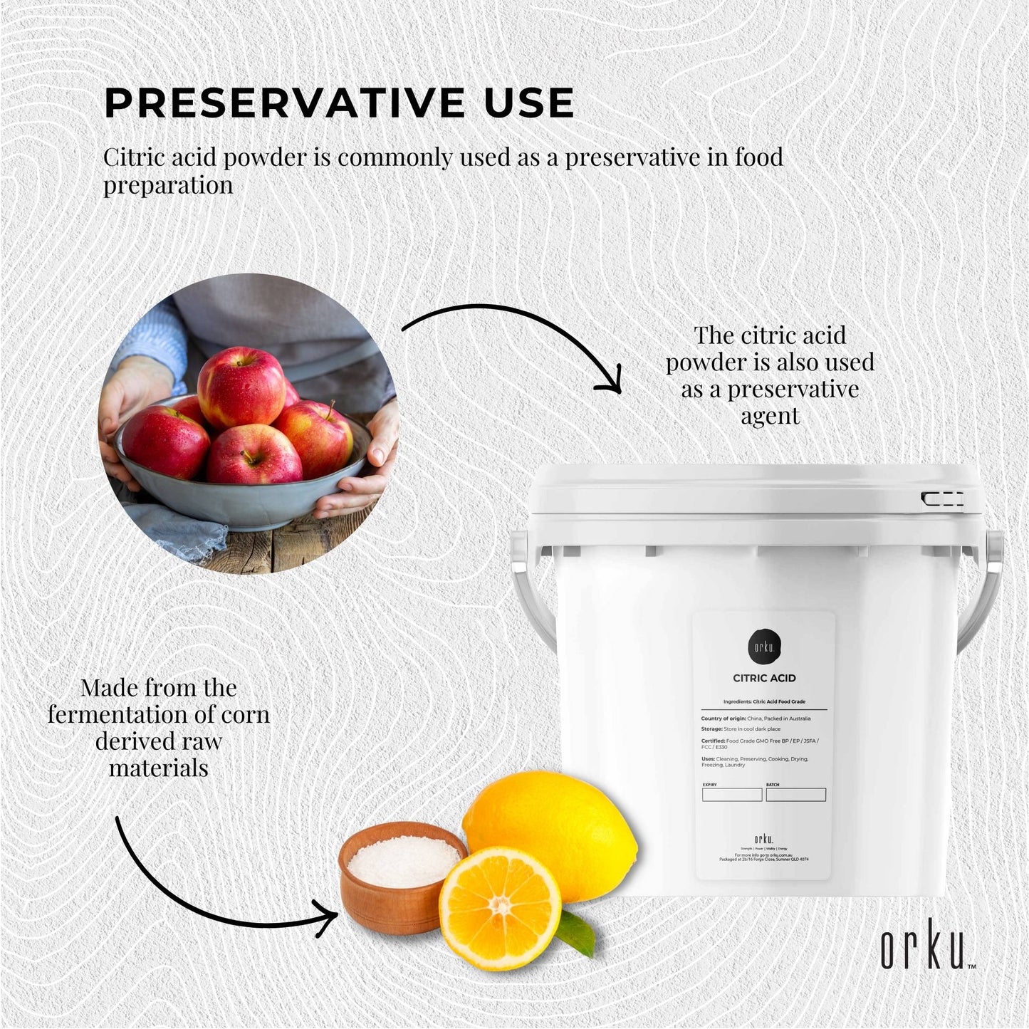 Orku 5Kg Citric Acid Powder Tub - Food Grade Non GMO Preservative E330-3