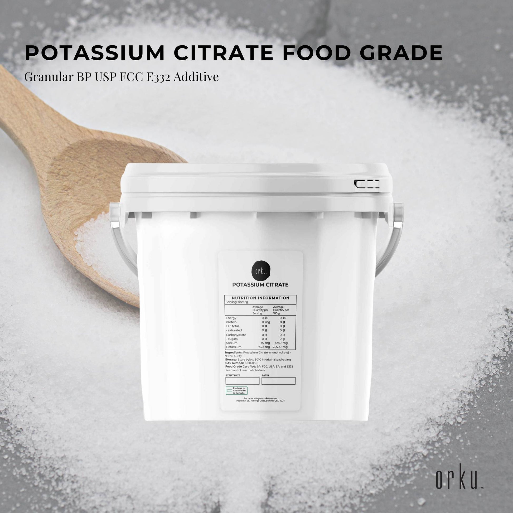 Orku 5Kg Potassium Citrate Food Grade Tub - Granular BP USP FCC E332 Additive-1