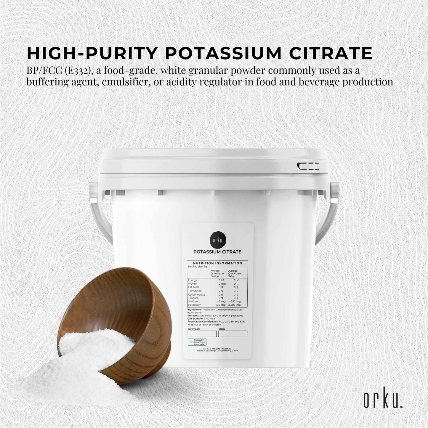 Orku 5Kg Potassium Citrate Food Grade Tub - Granular BP USP FCC E332 Additive-2