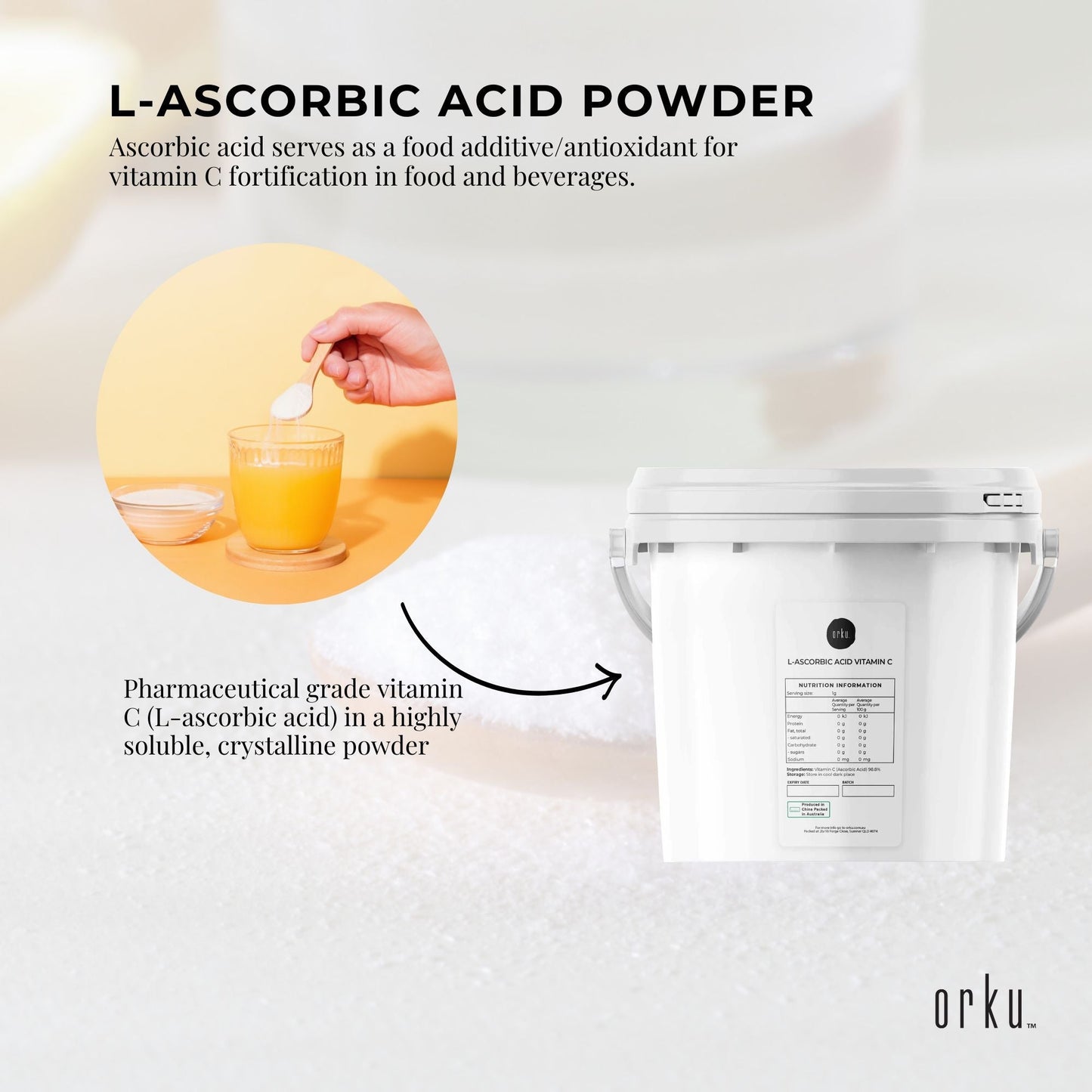 Orku 5Kg Vitamin C Powder in Tub Pure L-Ascorbic Acid - USP Grade Non-GMO-4