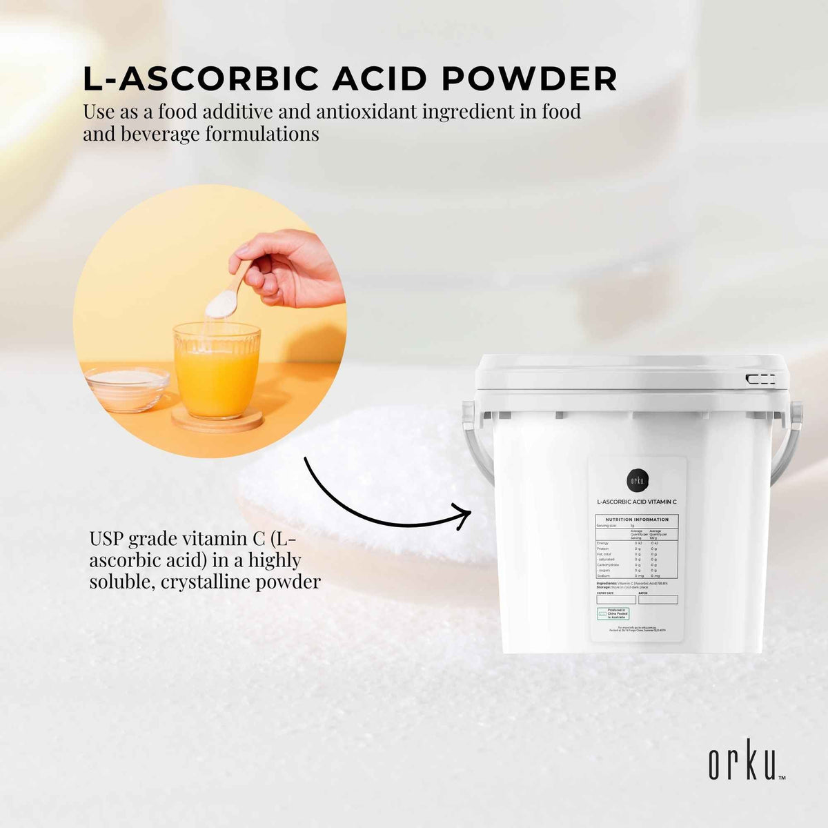 Orku 5Kg Vitamin C Powder in Tub Pure L-Ascorbic Acid - USP Grade Non-GMO-4