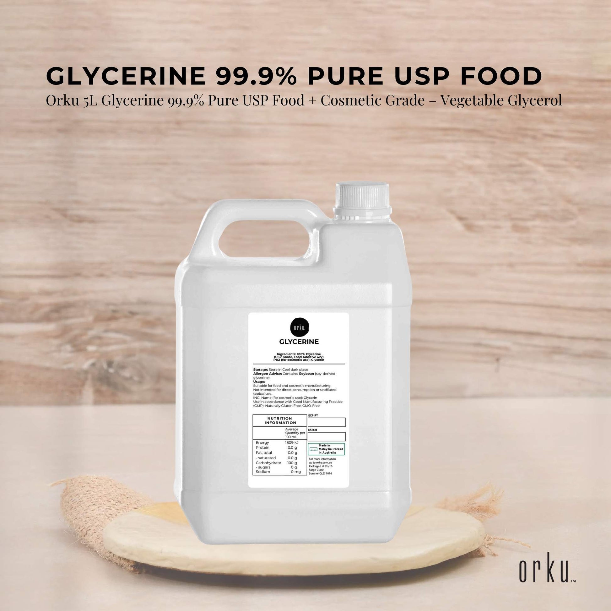 Orku 5L Glycerine 99.9% Pure USP Food + Cosmetic Grade – Vegetable Glycerol-1