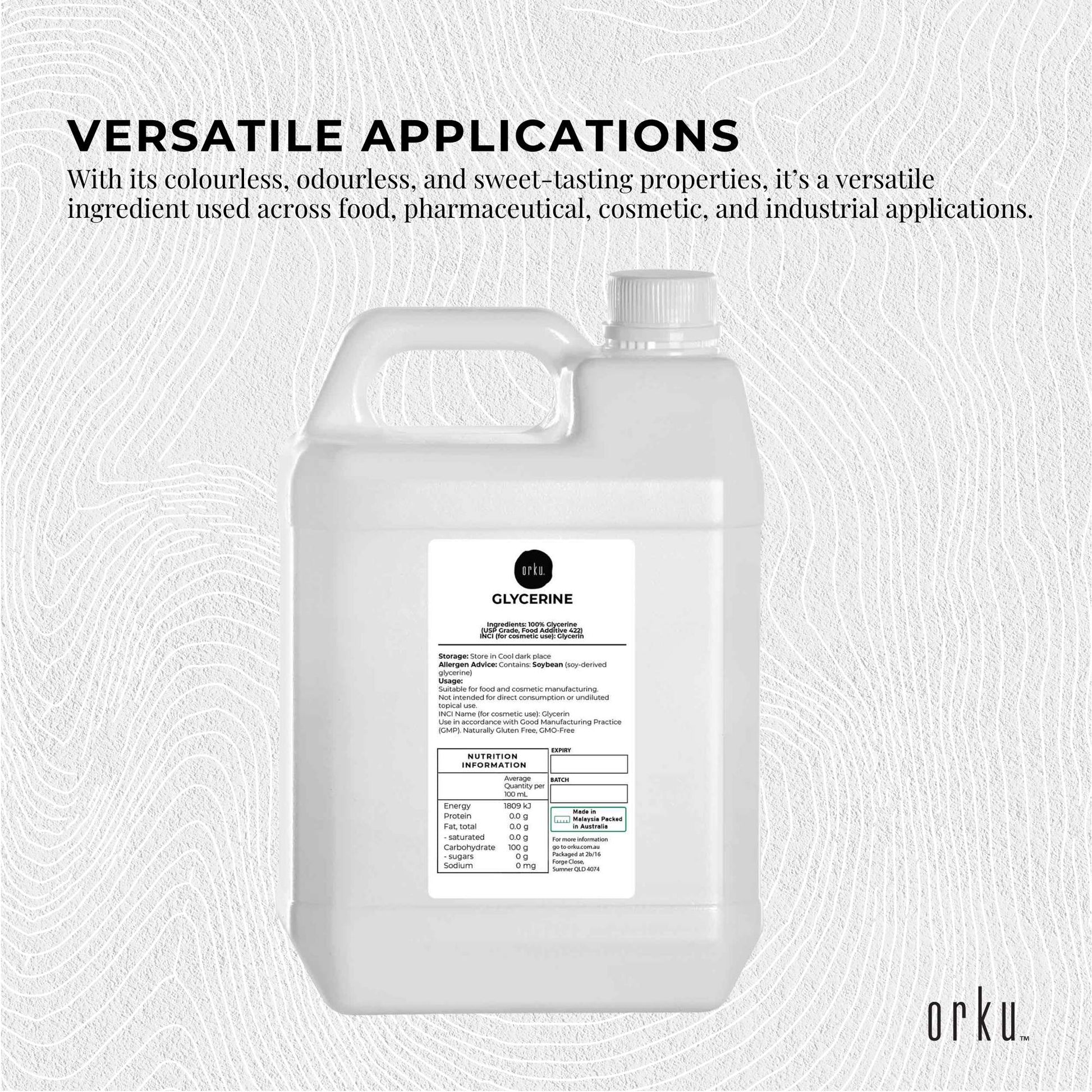 Orku 5L Glycerine 99.9% Pure USP Food + Cosmetic Grade – Vegetable Glycerol-2