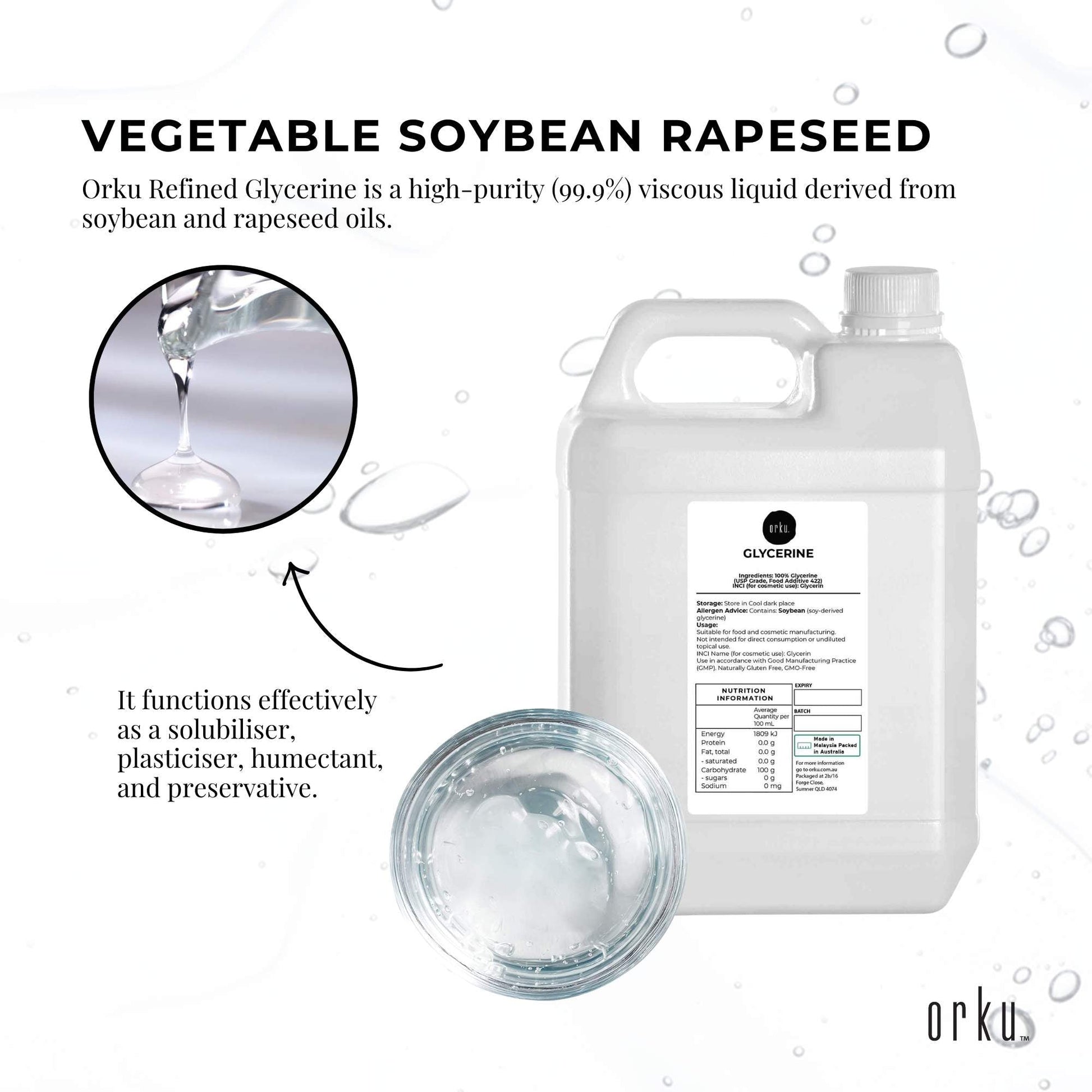 Orku 5L Glycerine 99.9% Pure USP Food + Cosmetic Grade – Vegetable Glycerol-3