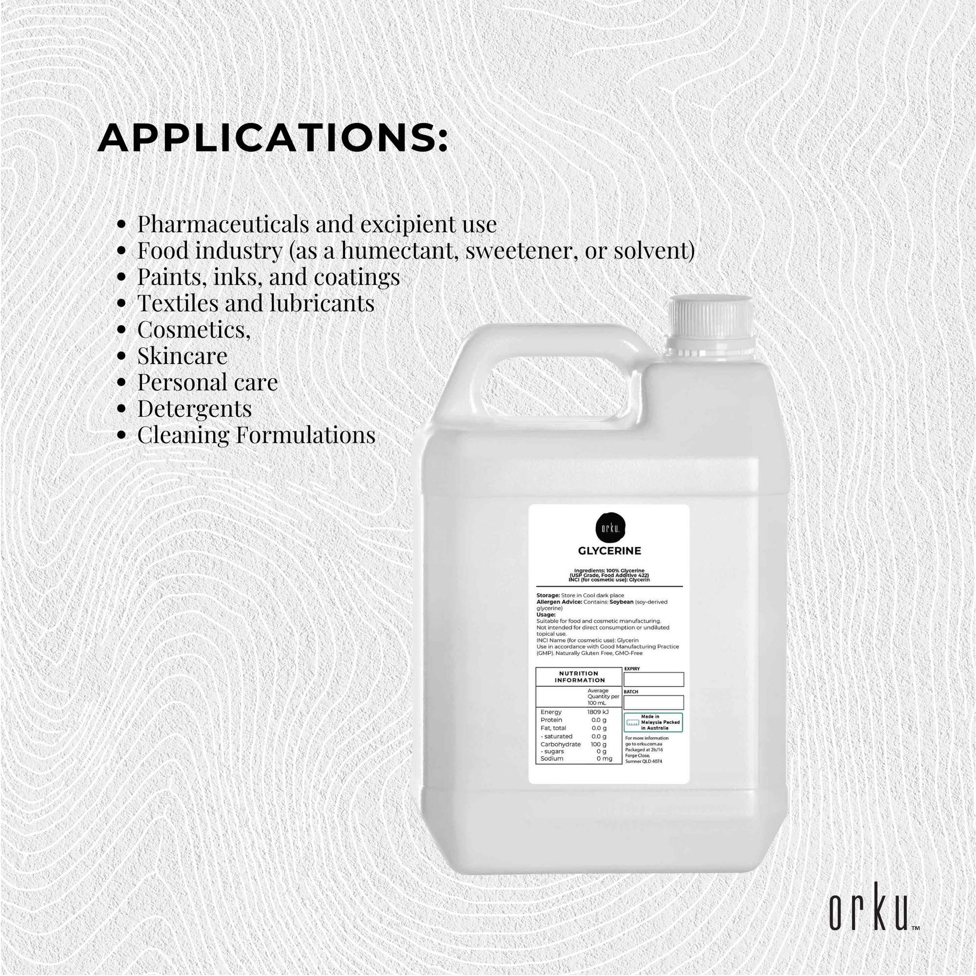 Orku 5L Glycerine 99.9% Pure USP Food + Cosmetic Grade – Vegetable Glycerol-4