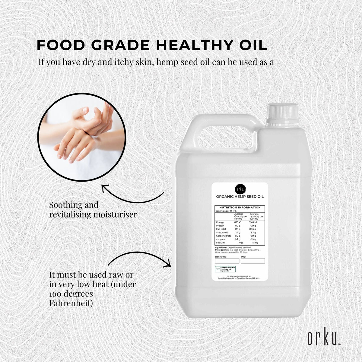 Orku 5L Organic Hemp Seed Oil - Cold Pressed Food Grade Oils-3