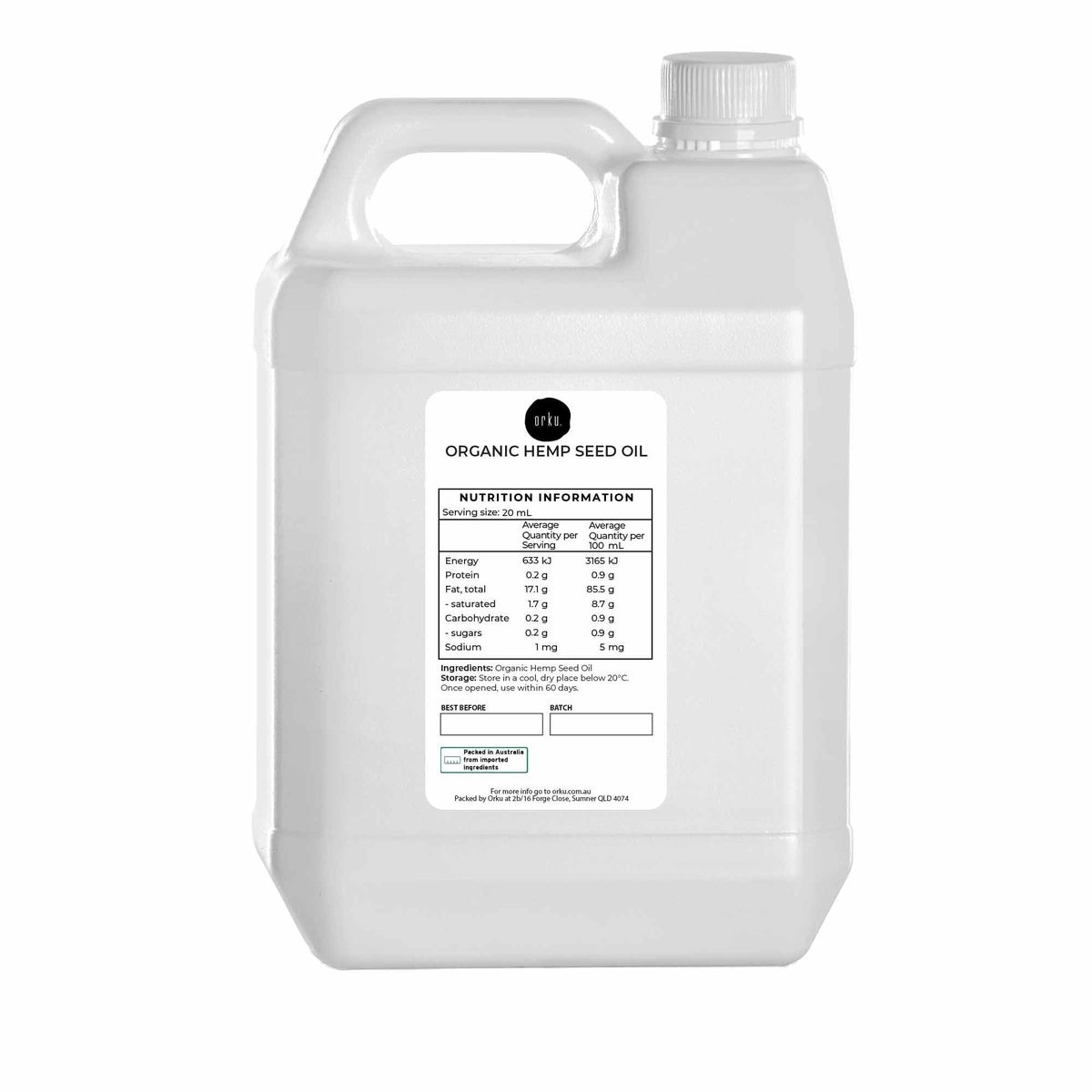 Orku 5L Organic Hemp Seed Oil - Cold Pressed Food Grade Oils-0