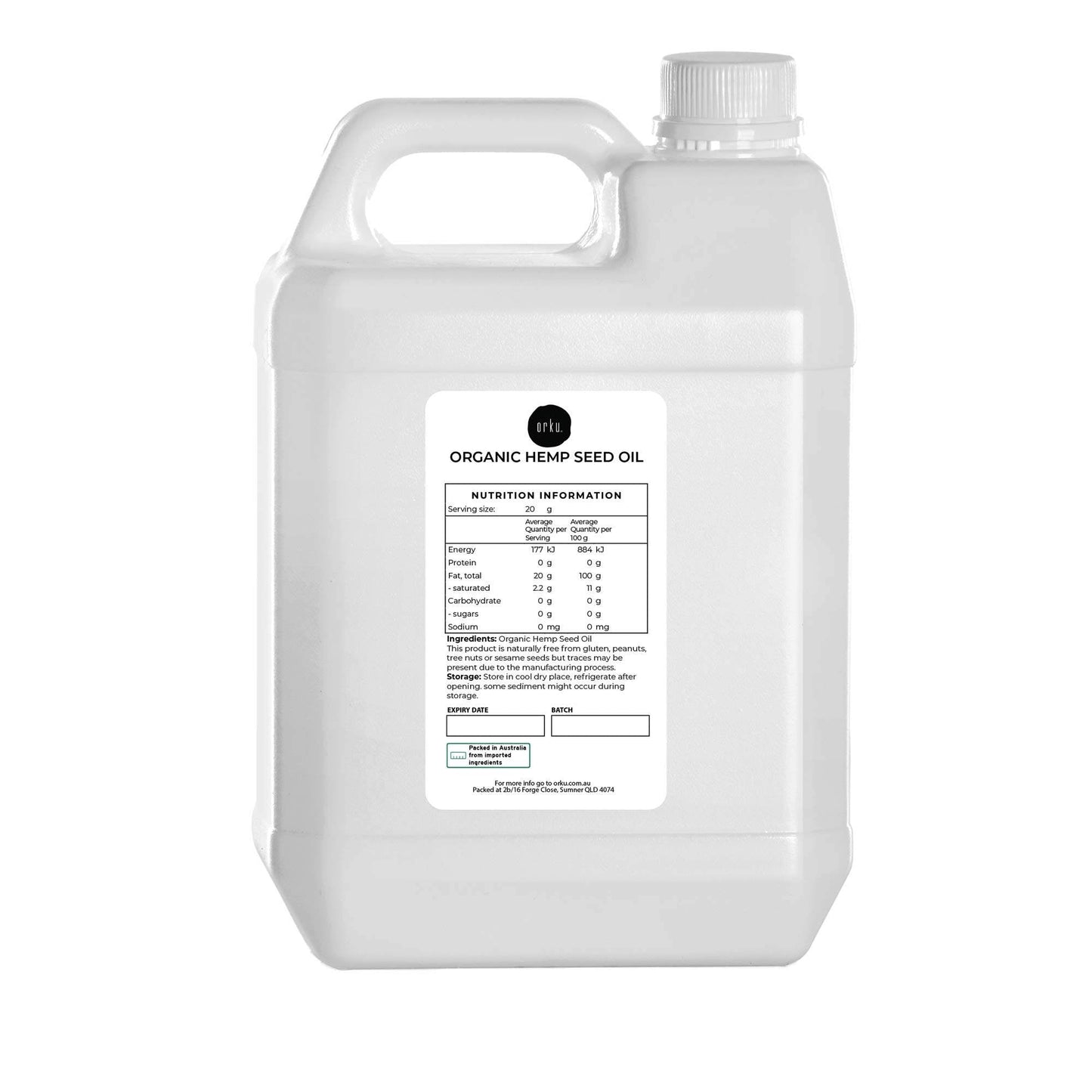 Orku 5L Organic Hemp Seed Oil - Cold Pressed Food Grade Oils-0