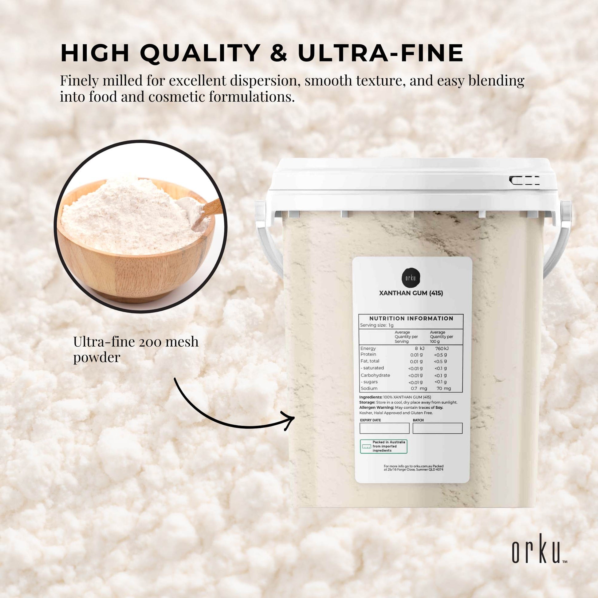 Orku 600g Xanthan Gum Thickener Pure Powder 200 Mesh FCC E415 Food Additive TUB-3