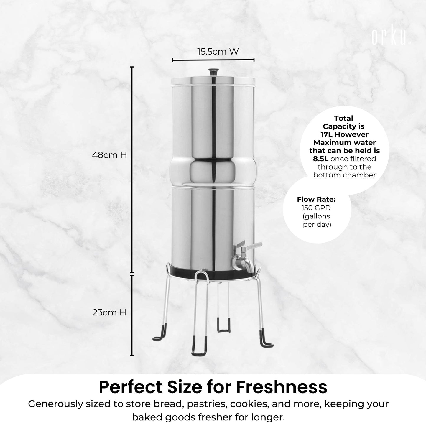 Orku 8.5L Gravity Benchtop Water Filter - Stainless Steel Fluoride Removal-3