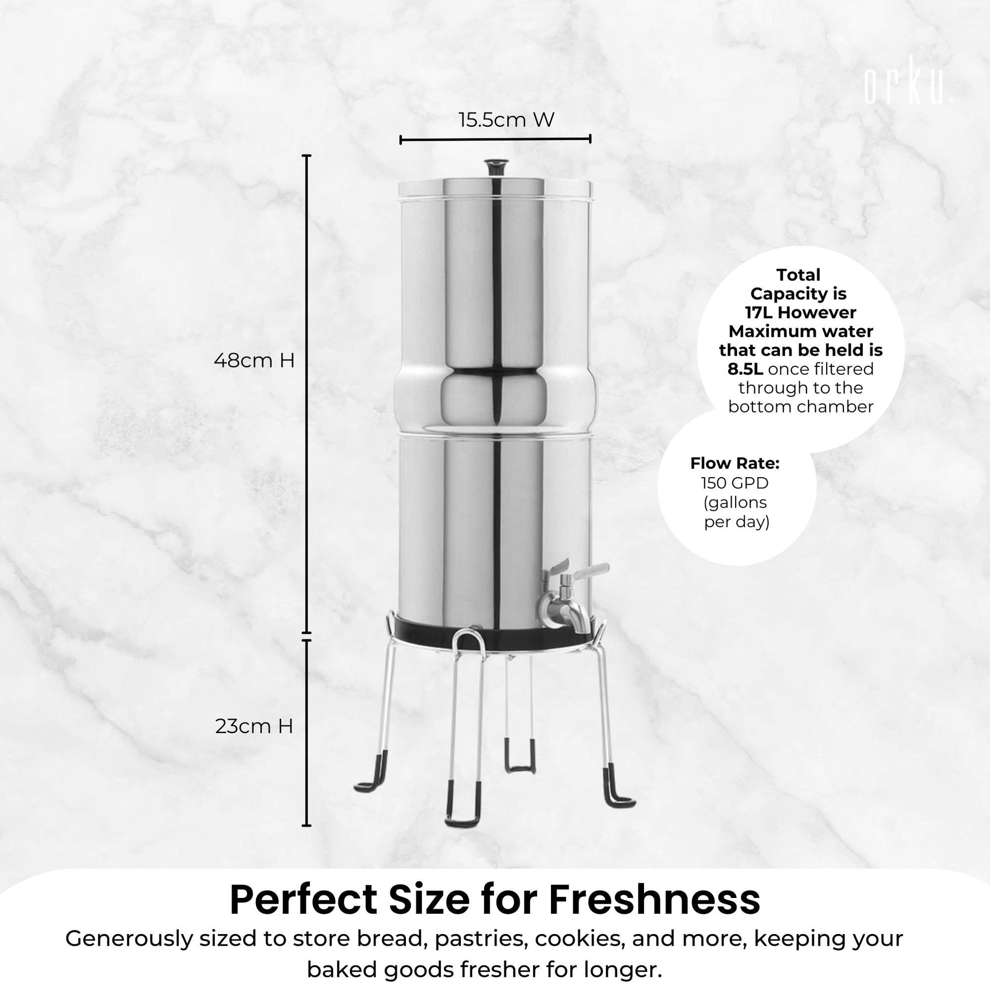 Orku 8.5L Gravity Benchtop Water Filter - Stainless Steel Fluoride Removal-3