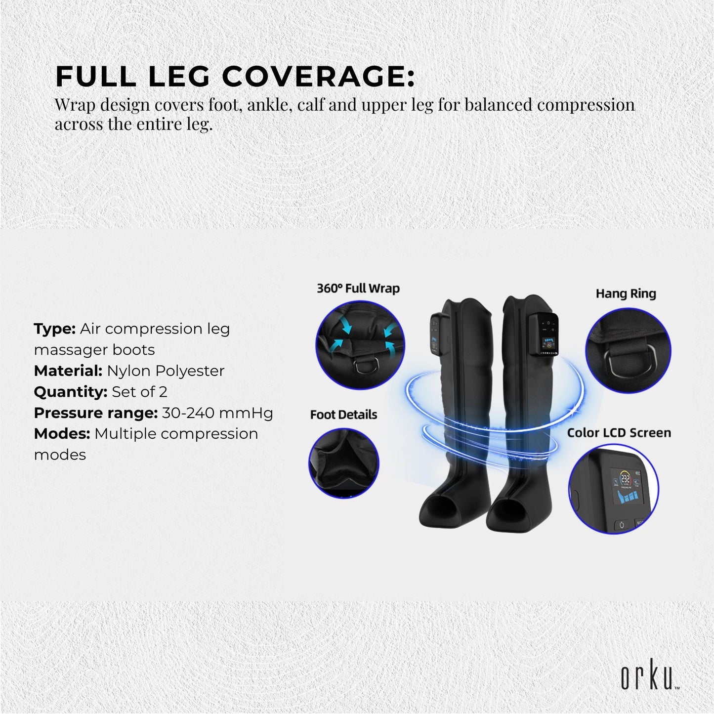Orku Cordless Full Leg Air Compression Massager Boots - Rechargeable Pair Medium-4