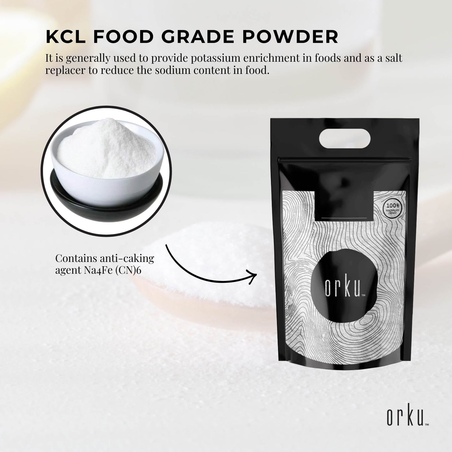 Orku Potassium Chloride Powder - Pure KCL E508 Food Grade Salt Replacer Bulk-3