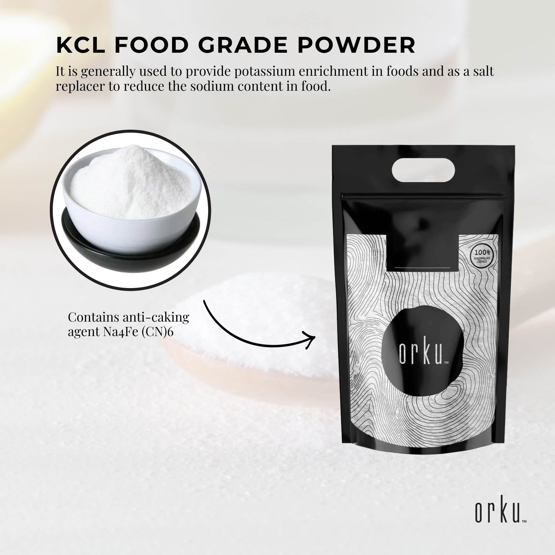 Orku Potassium Chloride Powder - Pure KCL E508 Food Grade Salt Replacer Bulk-3