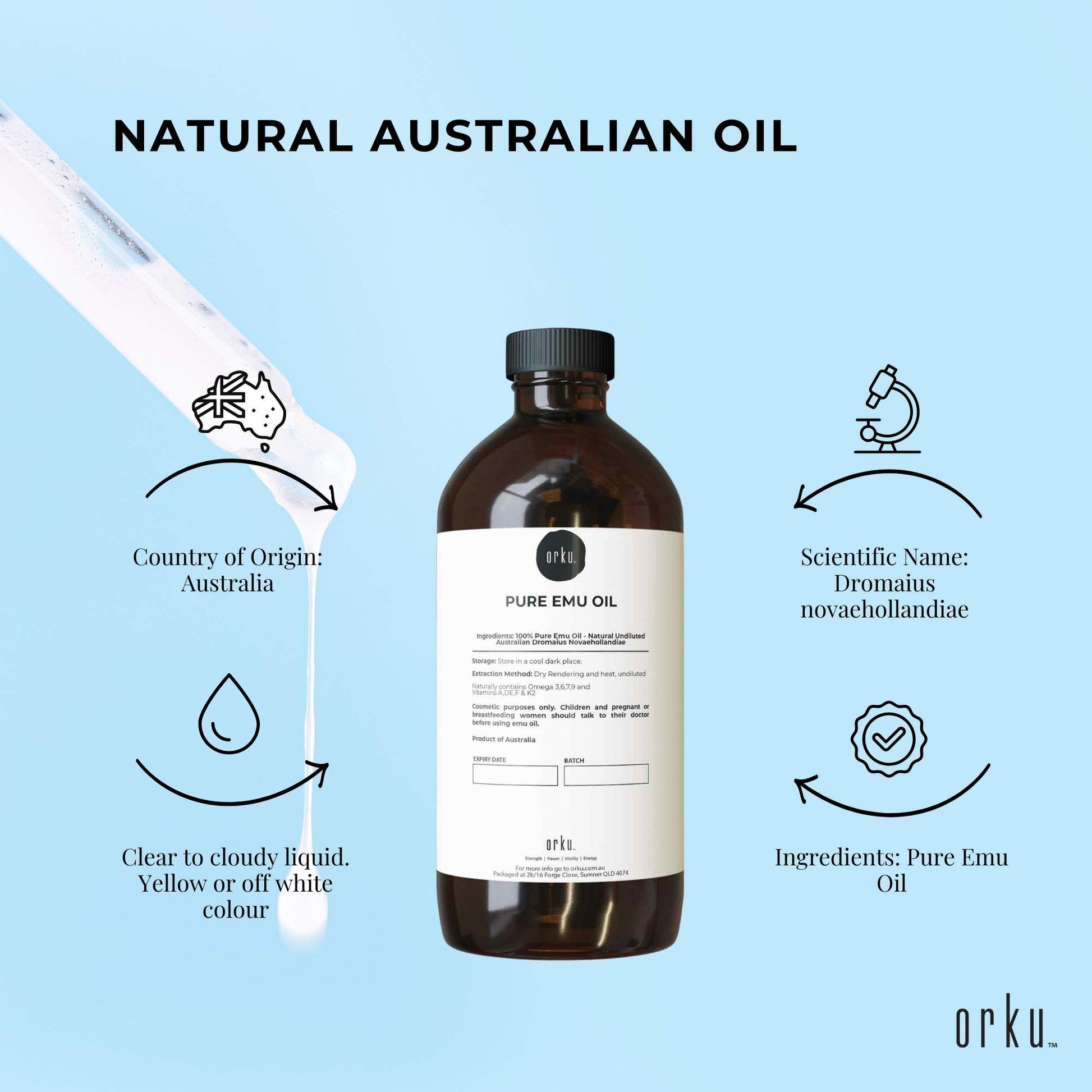 Orku Pure Emu Oil - Natural Undiluted Australian Dromaius Novaehollandiae-3