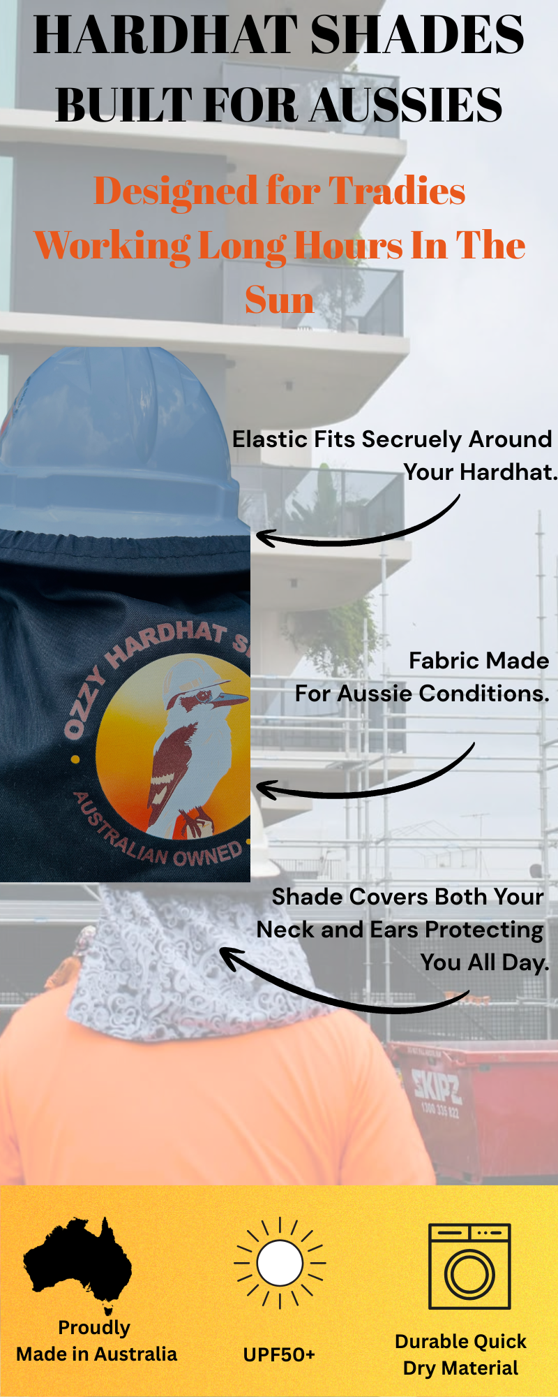 Ozzy Hardhat Shade - UPF50+ Neck Sun Protection - Black-1
