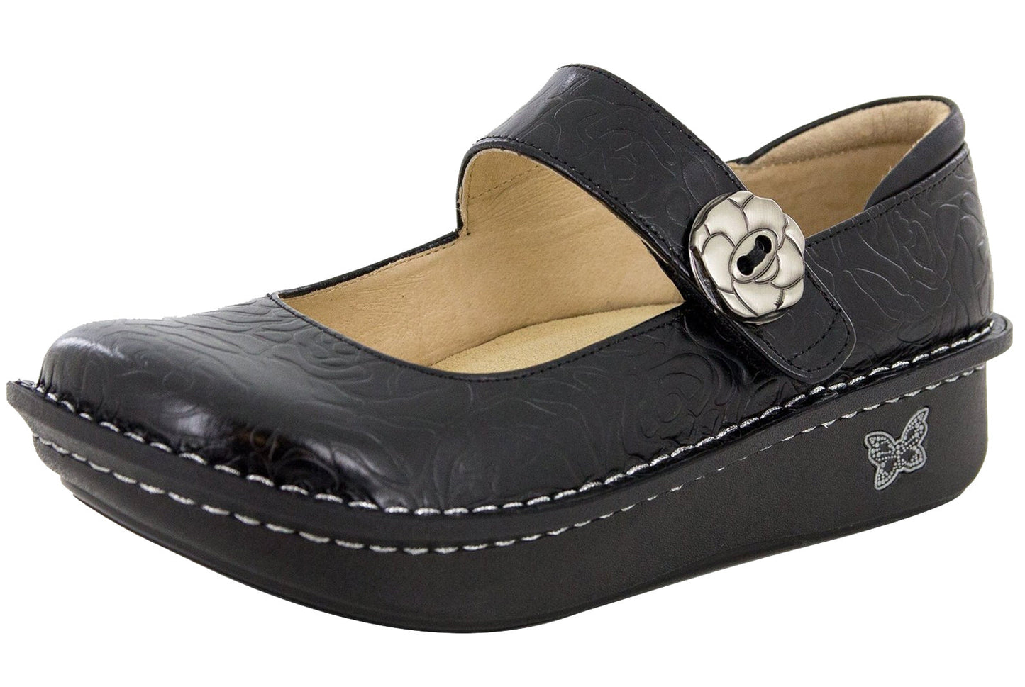 ALEGRIA Nursing Shoes Slip On Womens Work Working Hospitality - Black Embossed Rose-0