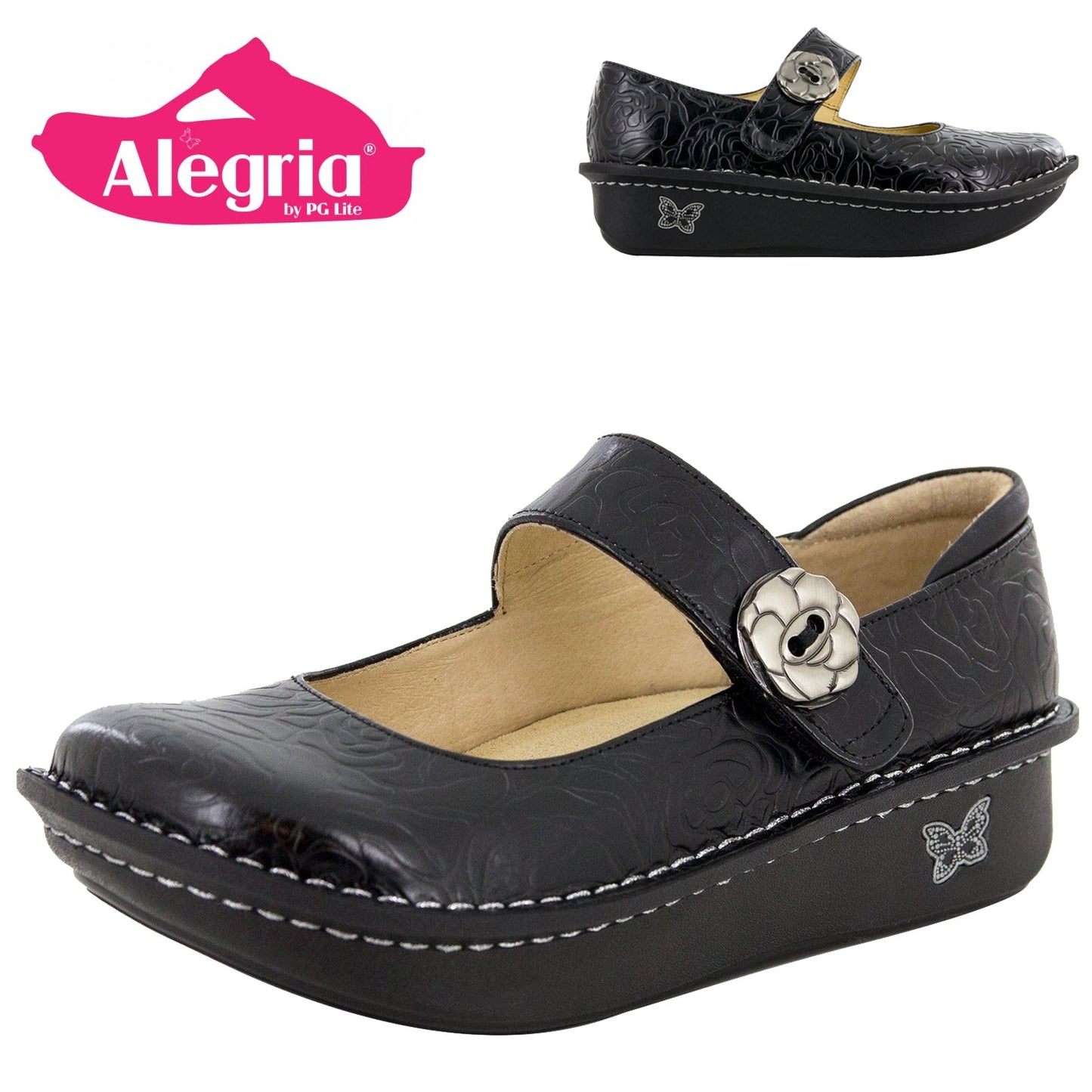 ALEGRIA Nursing Shoes Slip On Womens Work Working Hospitality - Black Embossed Rose-1