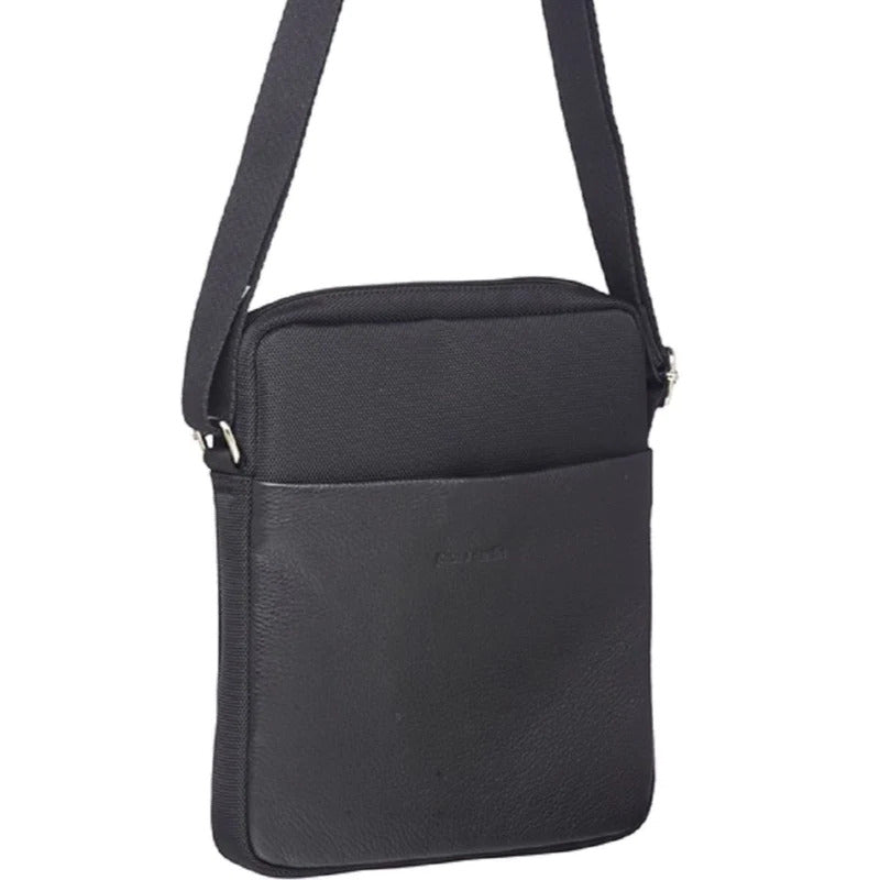 Pierre Cardin Mens Italian Leather iPad Cross Body Bag with Nylon Trim- Black-1