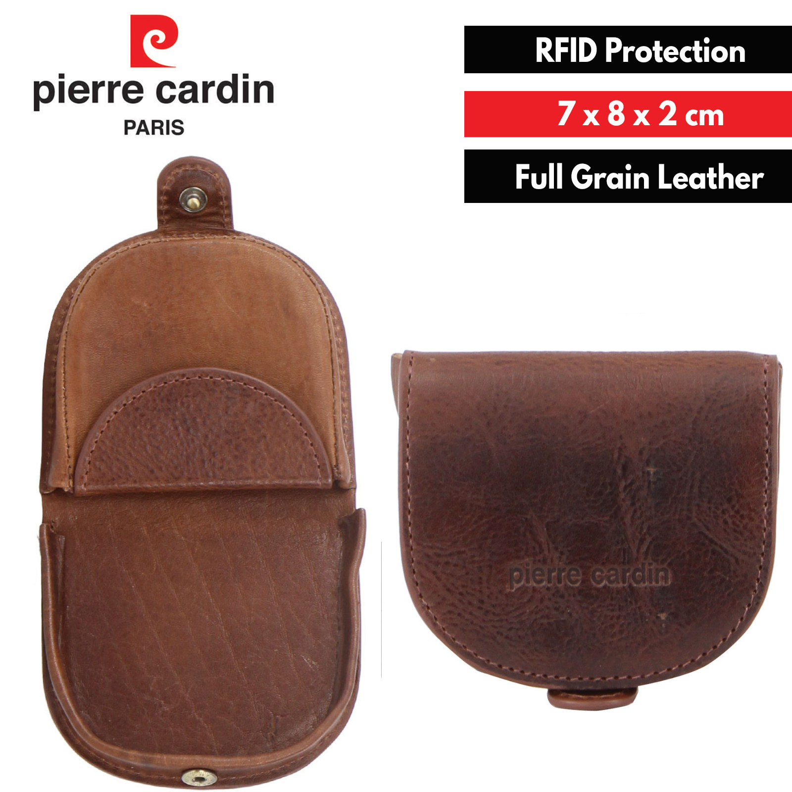 Pierre Cardin Italian Leather Coin Purse Genuine Wallet RFID Protection - Cognac-1