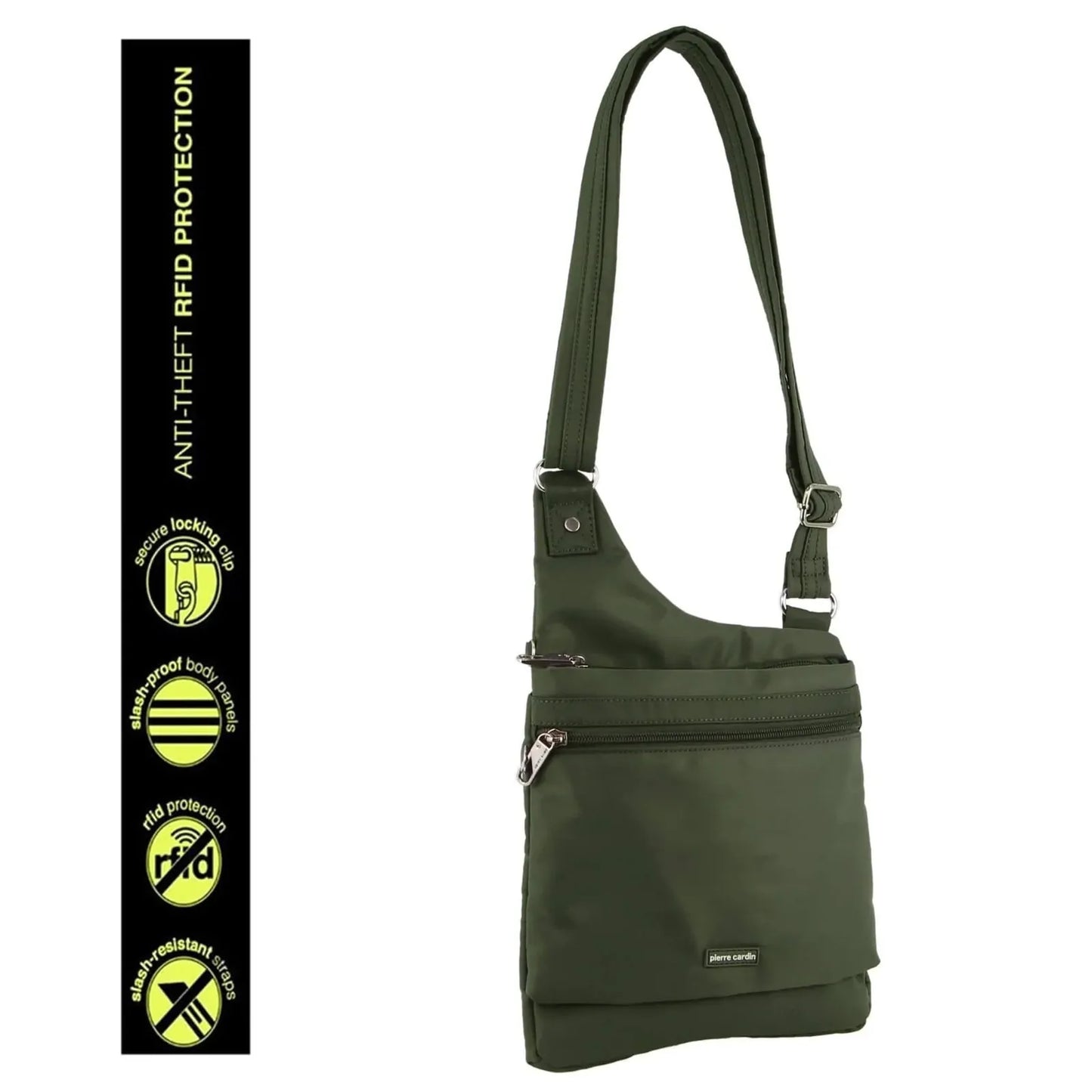 Pierre Cardin RFID Cross Body Bag Travel Anti-Theft Slash Proof - Olive
