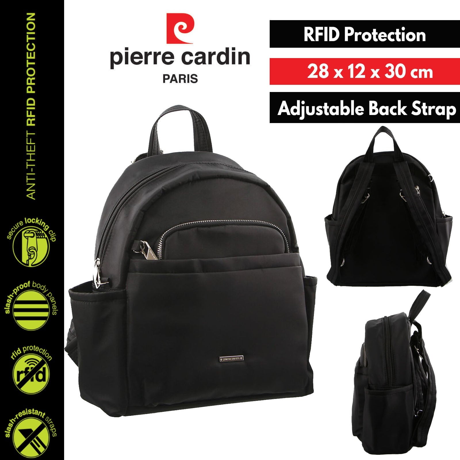 Pierre Cardin Nylon Backpack RFID Anti-Theft Slash Proof - Black-1