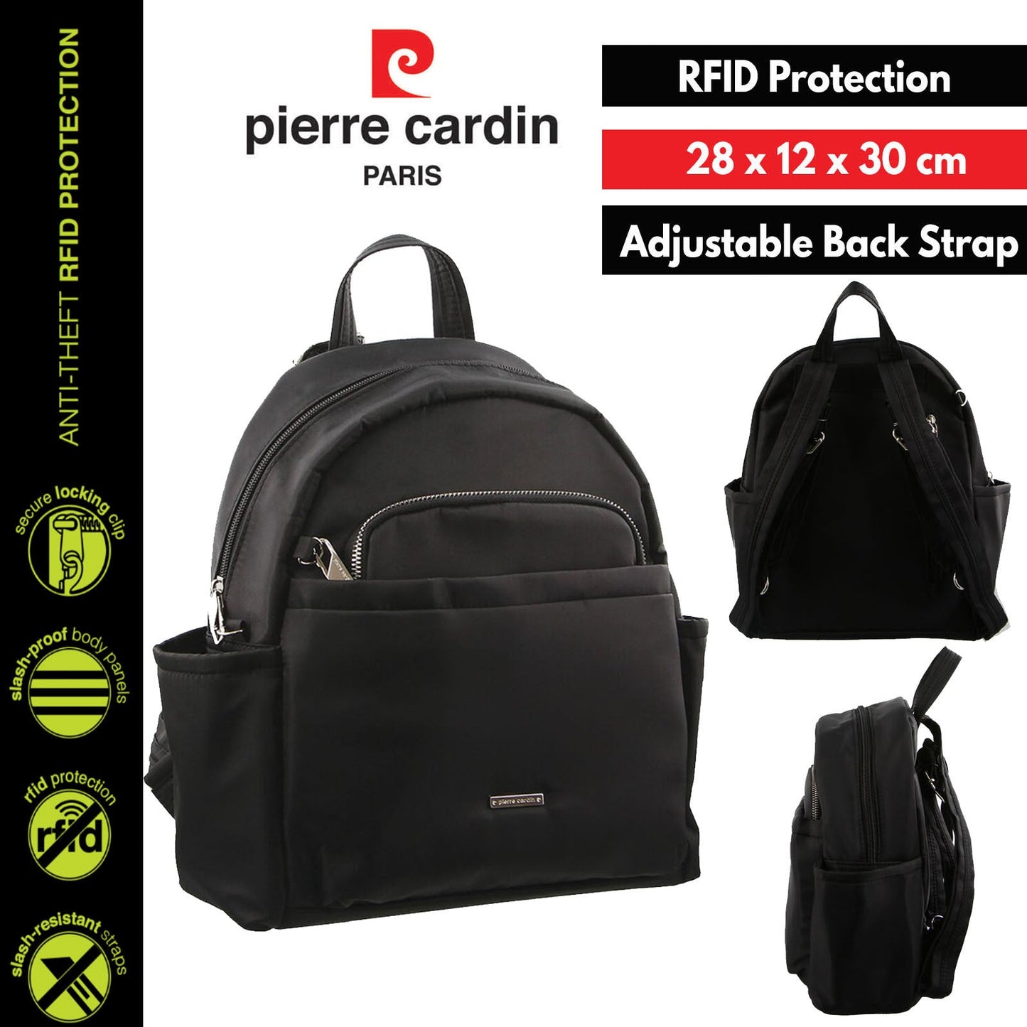 Pierre Cardin Nylon Backpack RFID Anti-Theft Slash Proof - Black-4