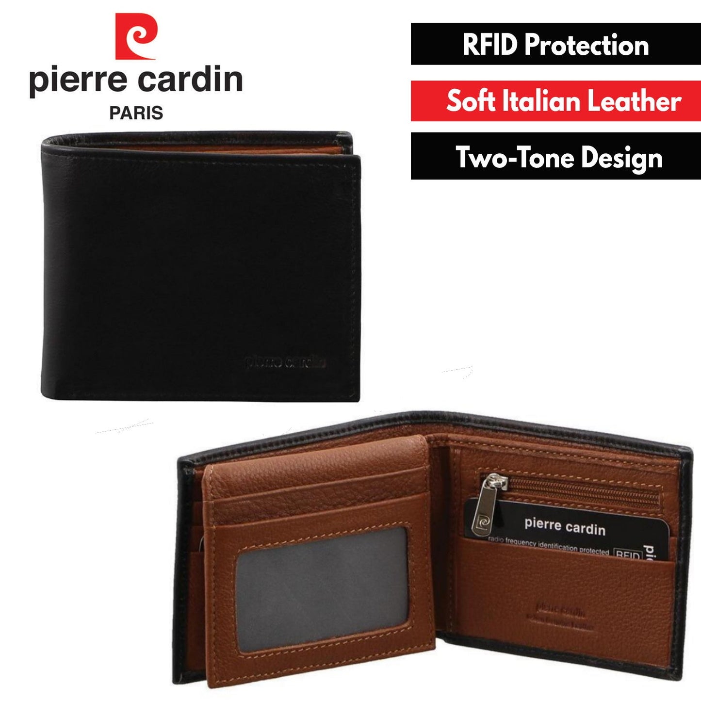 Pierre Cardin Italian Leather Mens Two Tone Bi-Fold Wallet - Black/Cognac-1