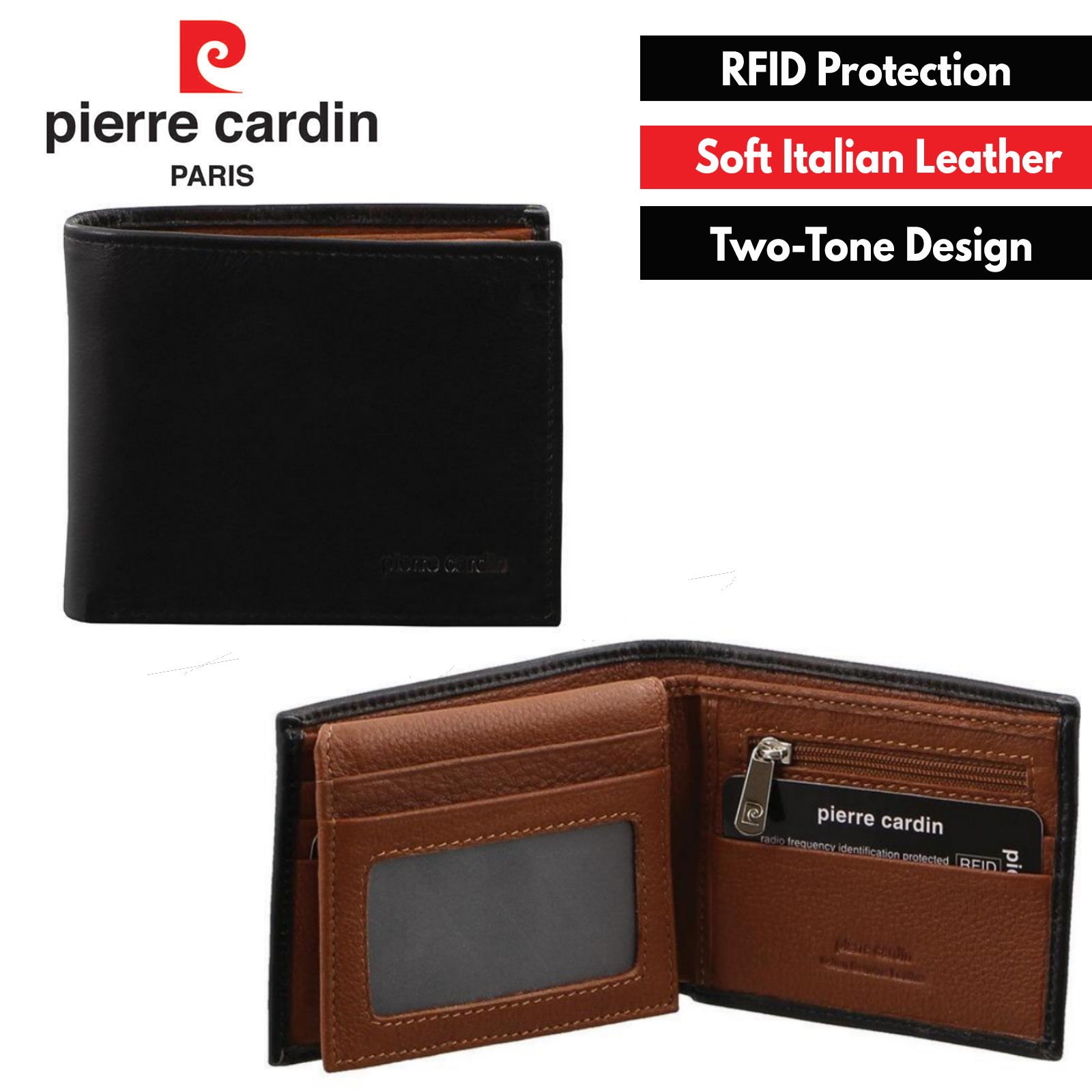Pierre Cardin Italian Leather Mens Two Tone Bi-Fold Wallet - Black/Cognac-1