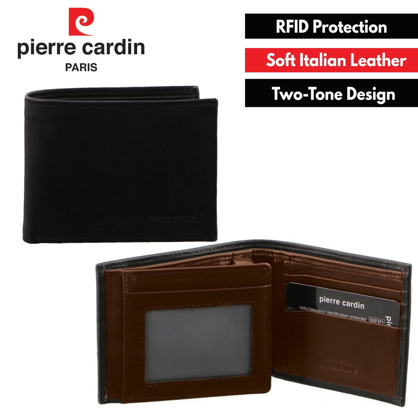 Pierre Cardin Italian Genuine Leather Mens Two Tone Bi Fold Wallet- Black/Cognac-1