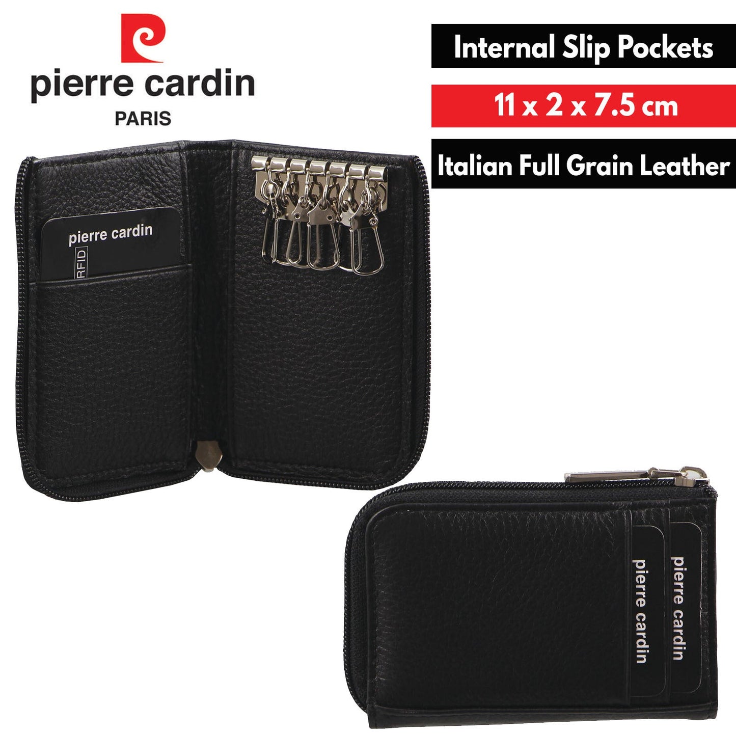 Pierre Cardin Mens Key & Credit Card Holder Italian Leather Wallet - Black-1