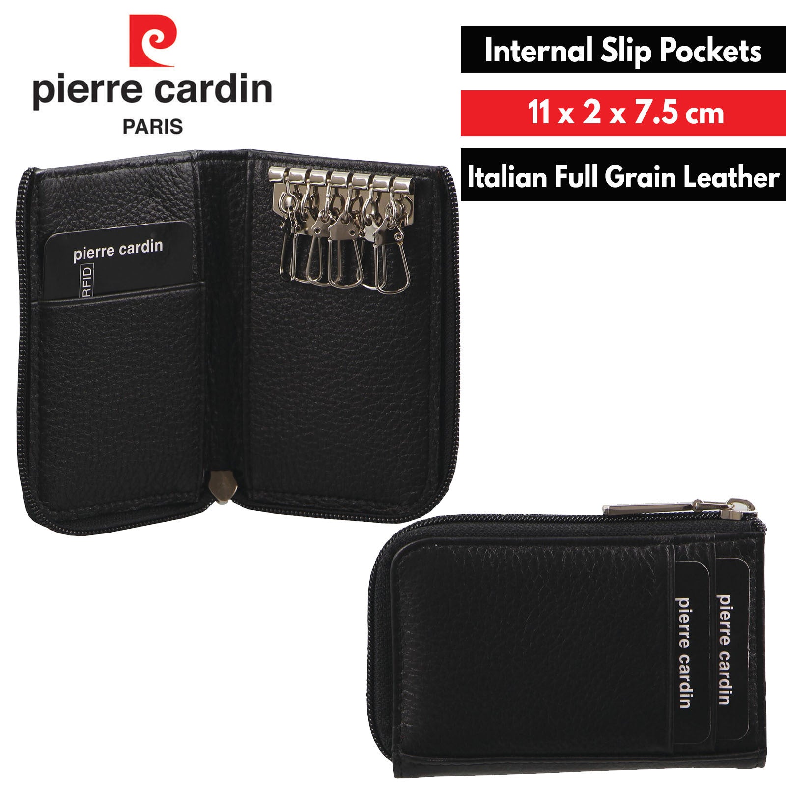 Pierre Cardin Mens Key & Credit Card Holder Italian Leather Wallet - Black-1
