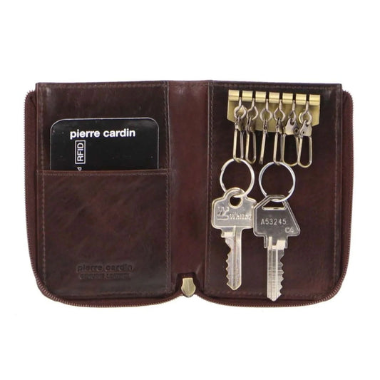 Pierre Cardin Mens Key & Credit Card Holder Italian Leather Wallet - Chocolate-0
