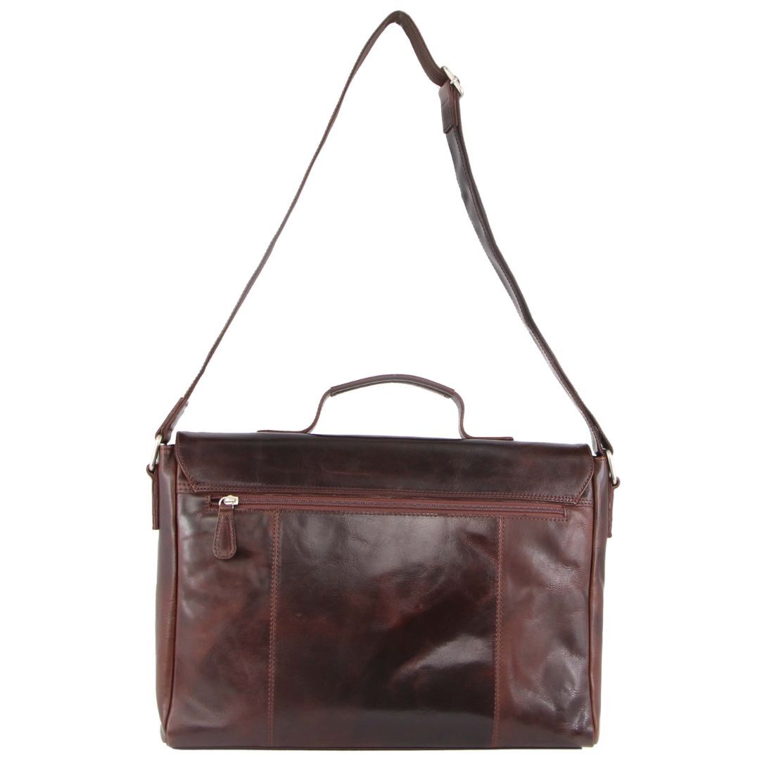 Pierre Cardin Mens Rustic Leather Flap Over 15" Laptop Computer Bag - Dark Chocolate-2