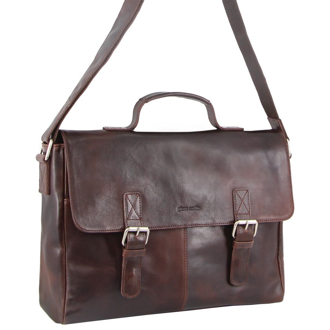 Pierre Cardin Mens Rustic Leather Flap Over 15" Laptop Computer Bag - Dark Chocolate-0