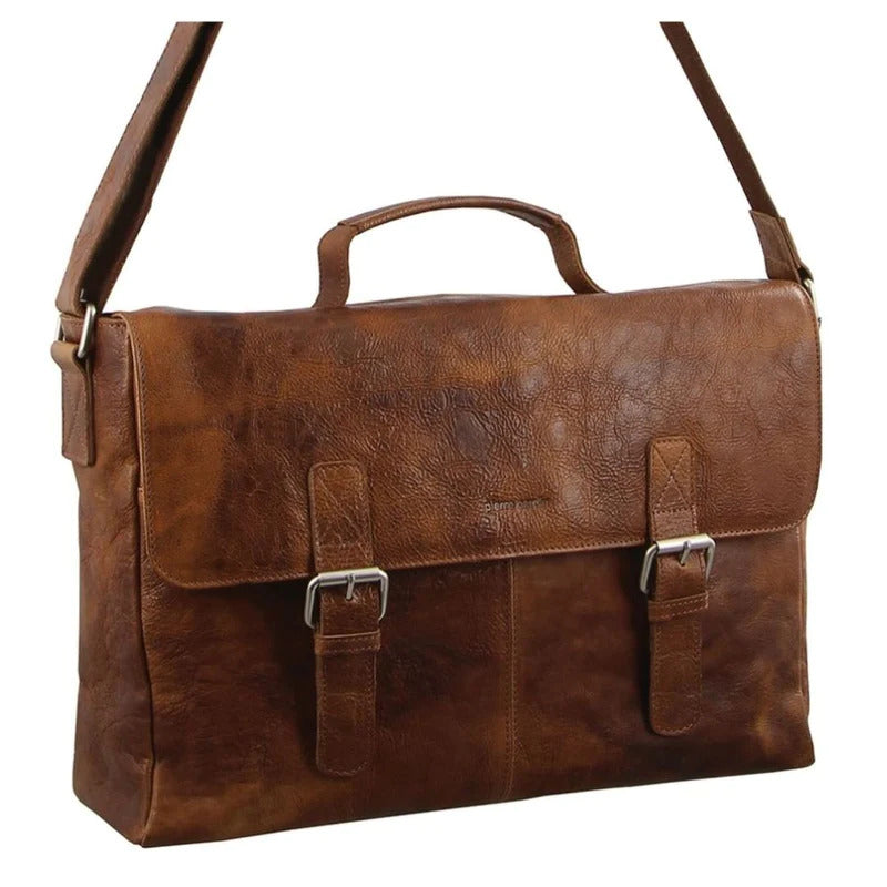 Pierre Cardin Mens Rustic Leather Flap Over 15" Laptop Computer Bag - Cognac-1