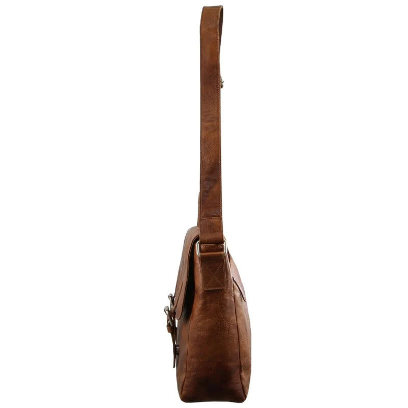 Pierre Cardin Mens Rustic Leather Flap Over 15" Laptop Computer Bag - Cognac-2