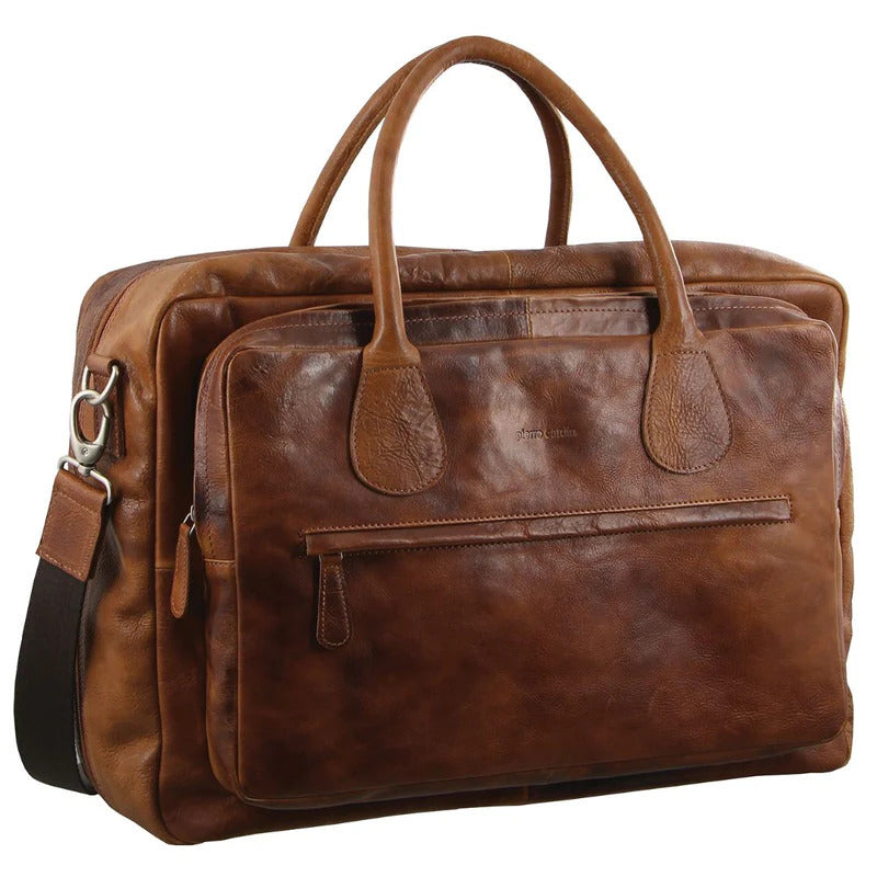 Pierre Cardin Mens Rustic Leather Overnight Bag Weekend Luggage - Cognac-1