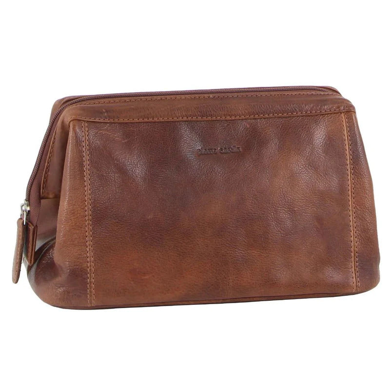 Pierre Cardin Mens Rustic Leather Toiletry Case Bag Travel - Cognac-1