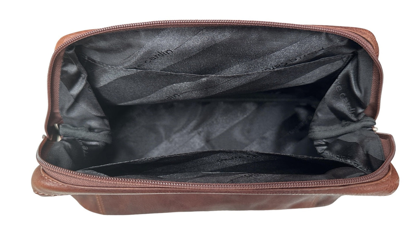 Pierre Cardin Mens Rustic Leather Toiletry Case Bag Travel - Cognac-2
