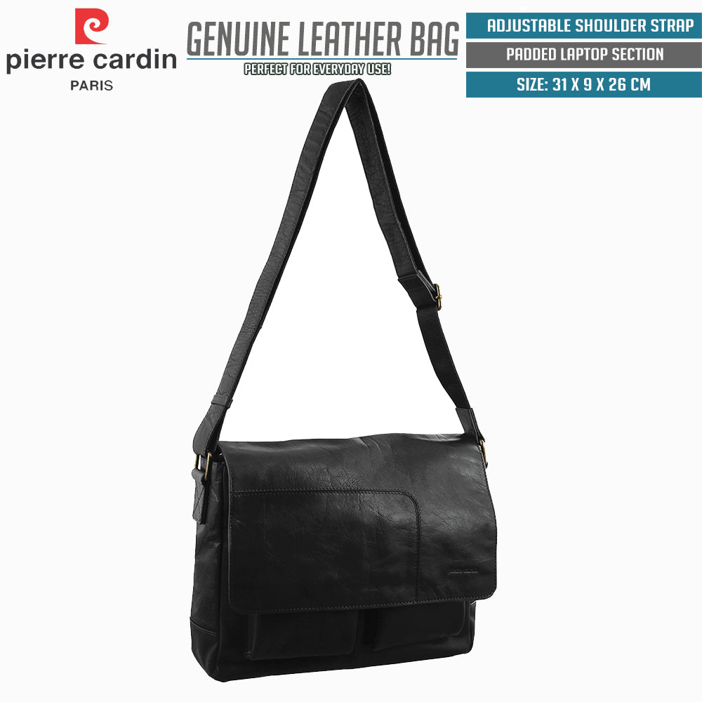 Pierre Cardin Genuine Leather 13" Laptop Computer Messenger Sling Bag Travel Business - Black-1