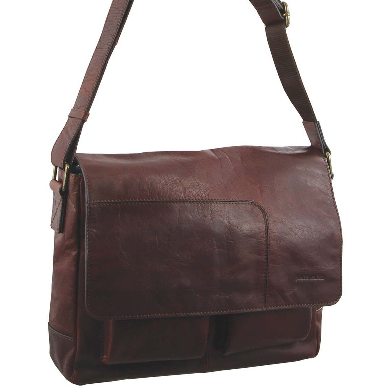 Pierre Cardin Rustic Leather 13" Laptop Computer Messenger Travel Shoulder Bag - Chestnut-0