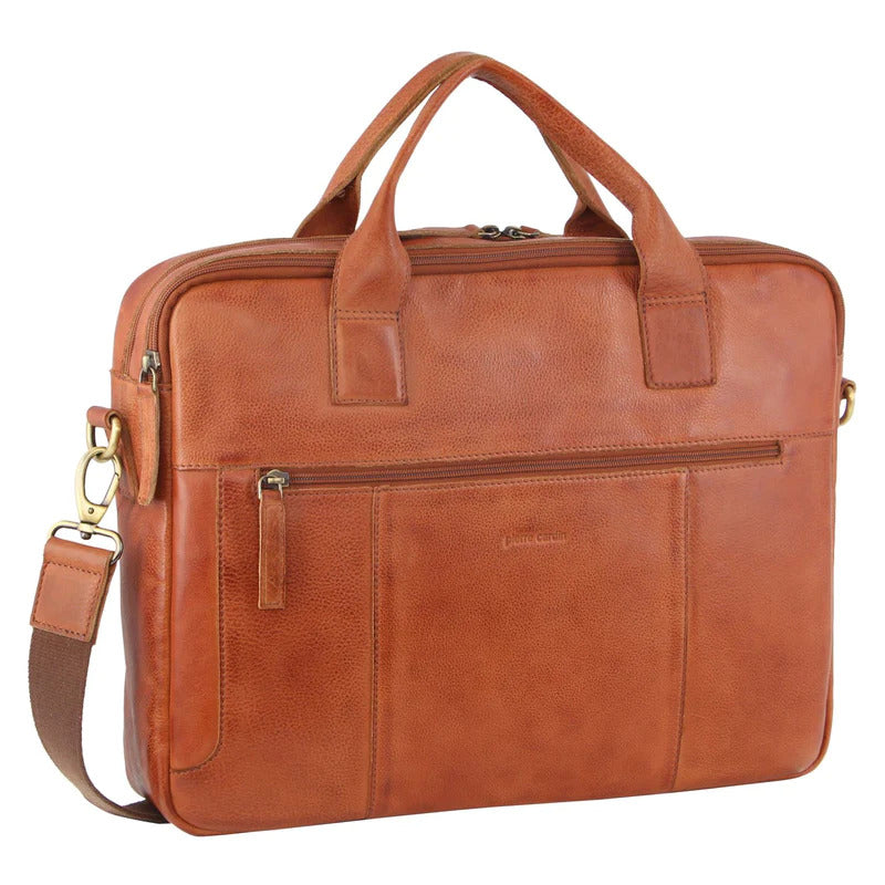 Pierre Cardin Mens Rustic Leather 15" Laptop Computer Messenger Bag - Cognac-1