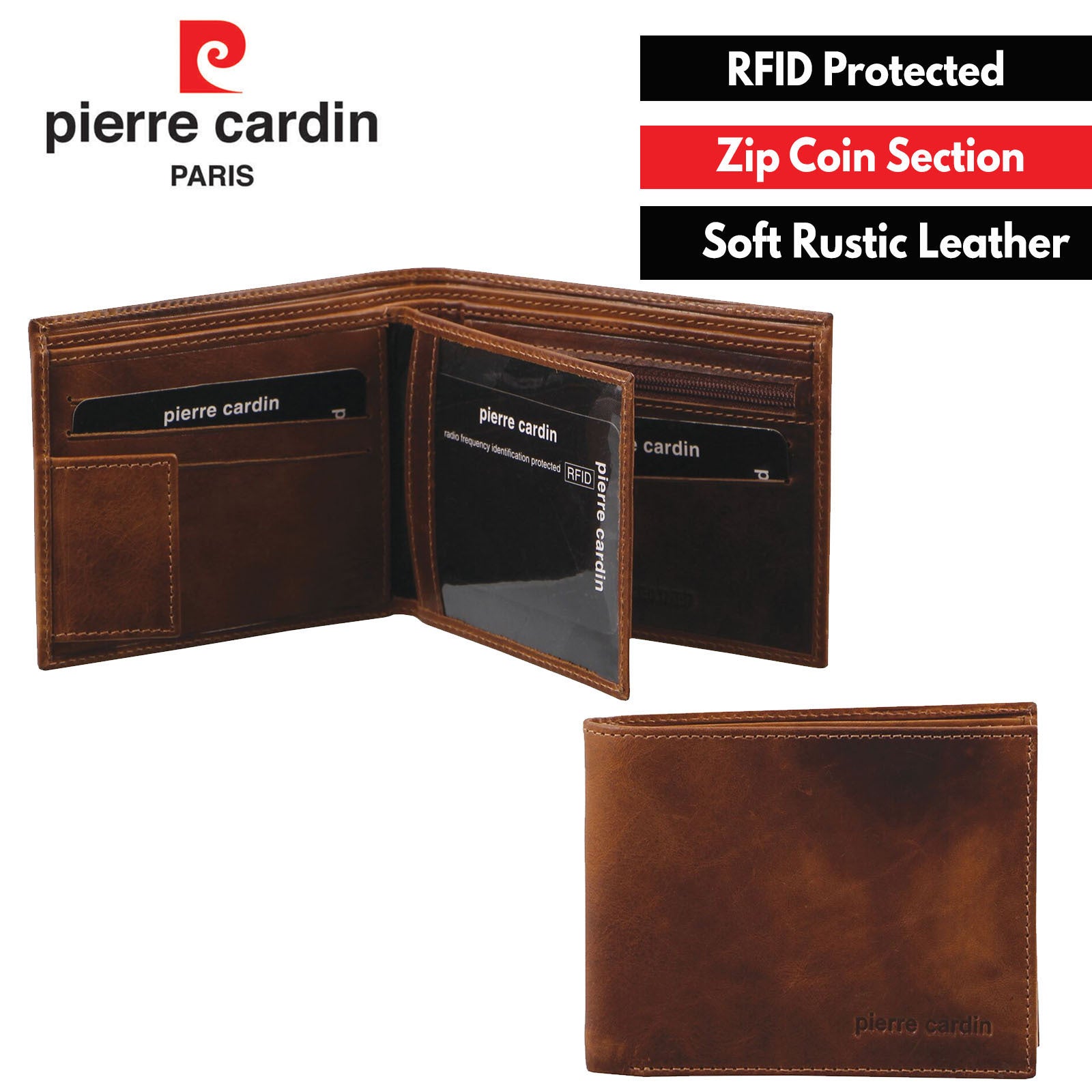 Pierre Cardin Mens Soft Rustic Leather RFID Protected Wallet - Cognac-2