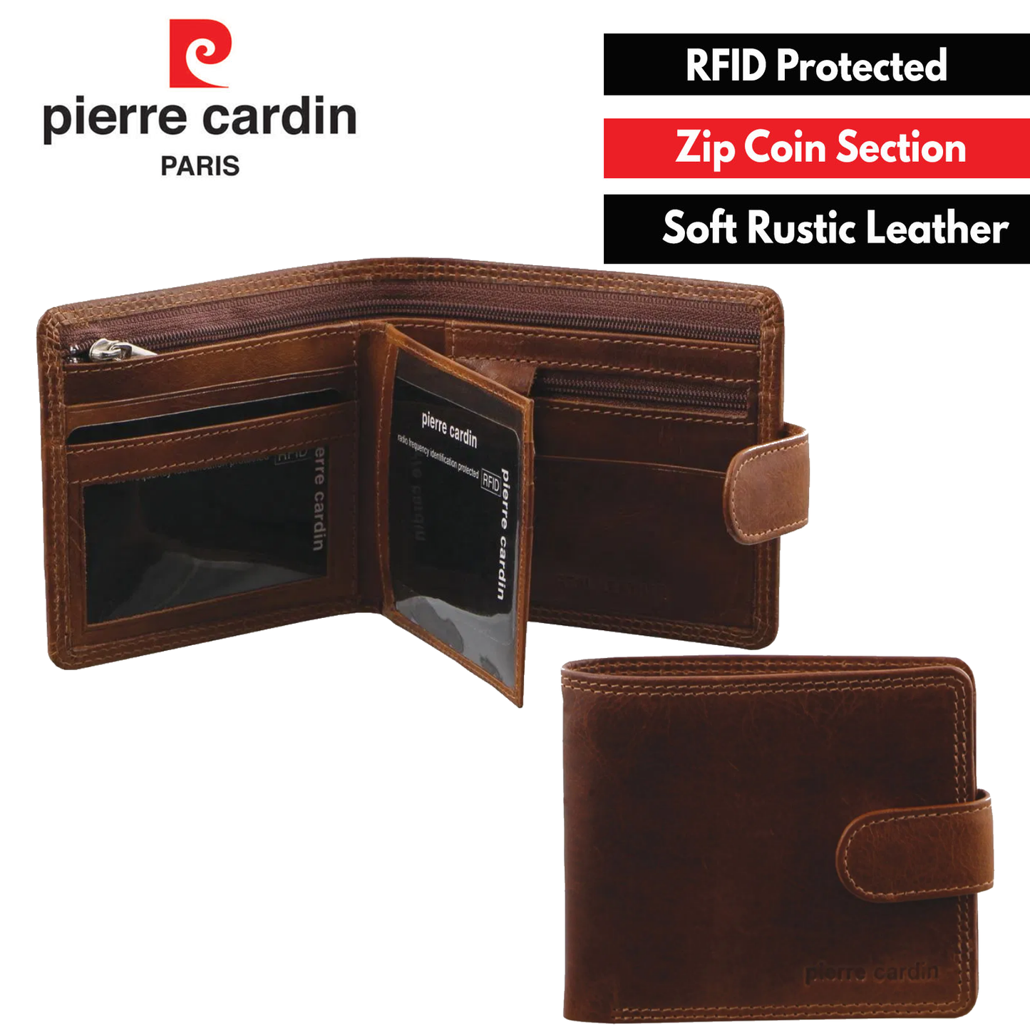 Pierre Cardin Men's Soft Rustic Leather with Buckle RFID Protected Wallet - Cognac-1